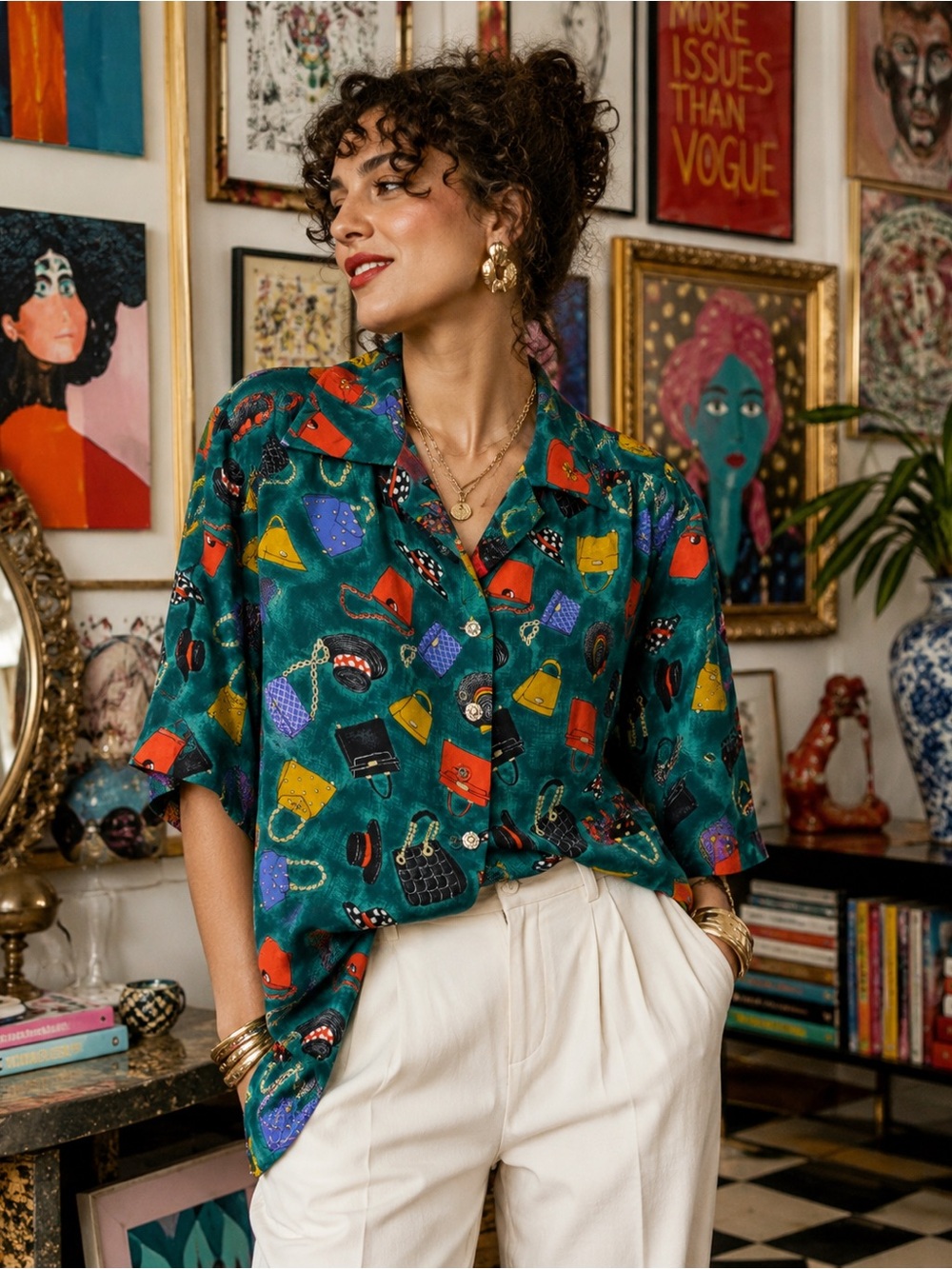 VTG St Gallen Switzerland Silk Novelty Print Blouse Couture HandbagPrint M L